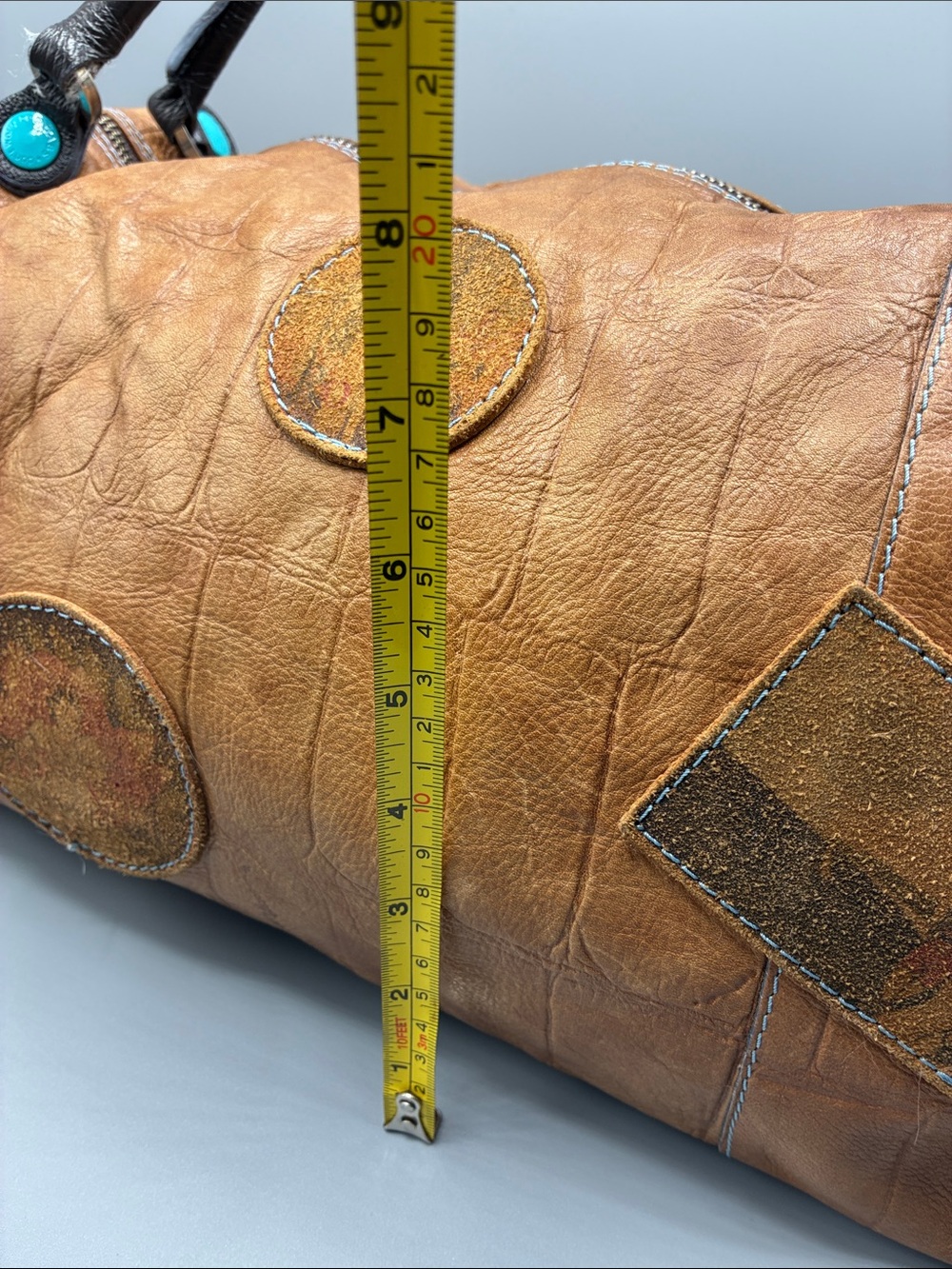 GABS ITALY Vintage-Inspired Tan Leather Shoulder Bag with Turquoise Accents - Picture 13 of 14